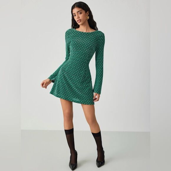 CIDER Round Neck Retro Geometric Tie Back Mini Dress - Picture 1 of 9